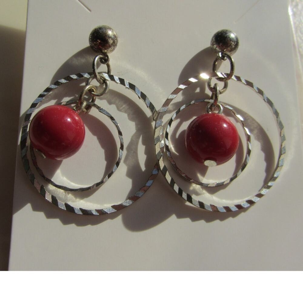 MCM Spherical Silver Tone Red Metal Bead Hoop Earrings